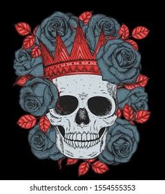 Skull of queen hand drawn illustration. Tattoo vintage print. Crown, black roses and skull colorful illustration. Vector print. Gold crown on the skull 