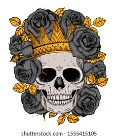 Skull of queen hand drawn illustration. Tattoo vintage print. Crown, black roses and skull colorful illustration. Vector print. Gold crown on the skull 