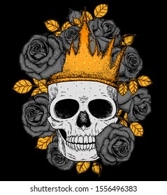 Skull Of Queen Hand Drawn Illustration. Tattoo Vintage Print. Crown, Black Roses And Skull Colorful Illustration. Vector Print. Gold Crown On The Skull 