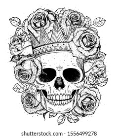 Skull of queen hand drawn illustration. Tattoo vintage print. Crown, roses and skull sketch illustration. Vector print. Crown on the skull