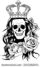 Skull of queen hand drawn illustration. Tattoo vintage print. Crown, roses and skull sketch illustration. Vector print.