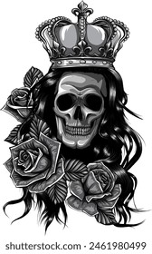 Skull of queen hand drawn illustration. Tattoo vintage print. Crown, roses and skull sketch illustration. Vector print.