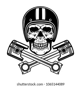 Skull in racer helmet with crossed pistons. Design element for logo, label, emblem, sign. Vector illustration