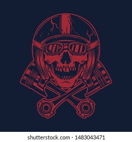 Skull in racer helmet and crossed pistons. Design element for poster, flyer, card, banner. Vector illustration