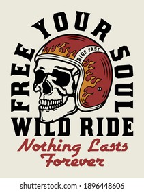 Skull with Racer Helmet Tattoo Style Illustration with A Slogan Artwork on White Background for Apparel or Other Uses