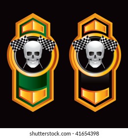 skull and racing flags on vertical orange arrows