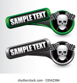 skull and racing flags tilted green and gray banners