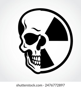 skull and radioactive symbol, vertically divided black white illustration