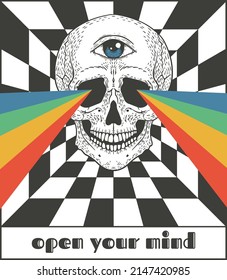 skull and rainbow rays from eyes  psychedelic illustration  t  shirt print  poster  optical illusion