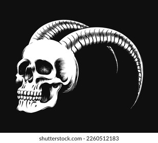 Skull with Ram Horns Isolated on Black Background. Vector illustration.