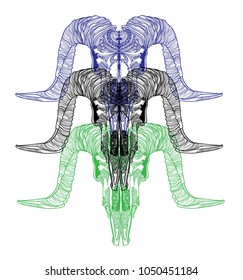 Skull of a ram.  Meditation, coloring of the mandala. Ethnic. Drawing manually, templates. Strips, points, arrows. Spots of watercolor paint, spray.