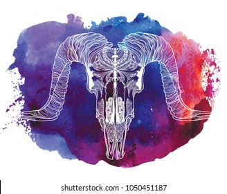 Skull ram    Meditation  coloring the mandala  Ethnic  Drawing manually  templates  Strips  points  arrows  Spots watercolor paint  spray 