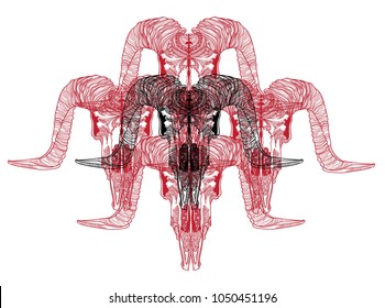 Skull of a ram.  Meditation, coloring of the mandala. Ethnic. Drawing manually, templates. Strips, points, arrows. Spots of watercolor paint, spray.