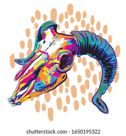 
Skull of a ram. Stylish multi-colored print with an abstract background.