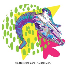 
Skull of a ram. Stylish multi-colored print with an abstract background.