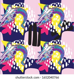 Skull of a ram. Stylish multi-colored print with an abstract background. 
Seamless pattern with skulls.