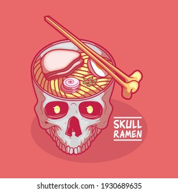 Skull ramen bowl soup vector illustration. Food, spooky, brand design concept.