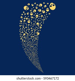 Skull random fireworks stream. Vector illustration style is flat yellow iconic symbols on a blue background. Object fountain constructed from scattered pictographs.