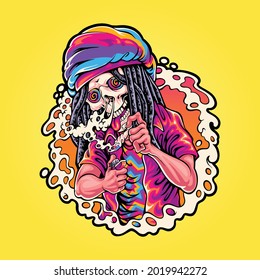 skull rastaman smoke weed illustration