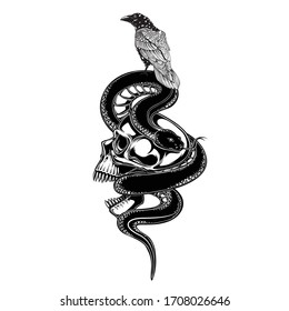 skull raven crow and snake vector illustration. tattoo design. inking black work. hand draw. for t-shirt, card, logo, and wallpaper.