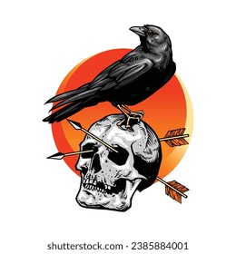 skull with raven illustration for thsirt design