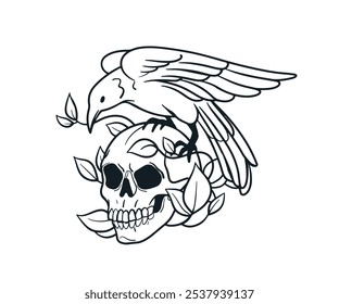 Skull with raven, ink tatoo design. Detailed outline skeleton head bone and crow bird. Entched engraved vintage drawing. Hand-drawn retro-style vector illustration isolated on white background