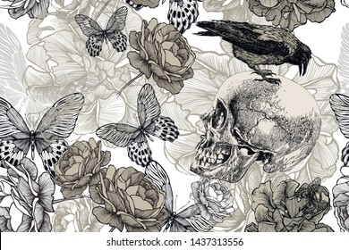 Skull with a raven on a seamless, floral background. Vector illustration, hand drawing.