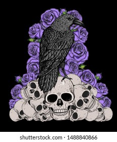 Skull, raven and roses hand drawn illustration.