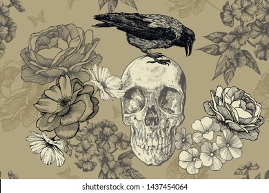 Skull with a raven and roses on a seamless, floral background. Vector illustration, hand drawing.