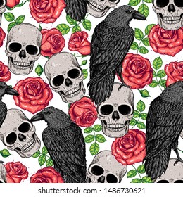 Skull, raven and roses seamless pattern. Hand drawn vector illustration. Fabric design template. Skull background.