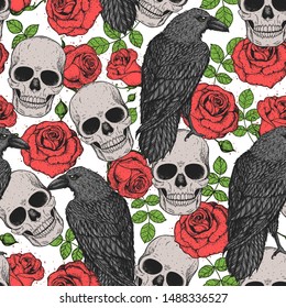 Skull, raven and roses seamless pattern. Hand drawn vector illustration. Fabric design template. Skull background.