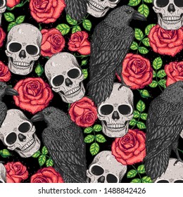 Skull, raven and roses seamless pattern. Hand drawn vector illustration. Fabric design template. Skull background. 