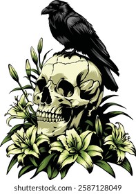 skull and raven with white flowers