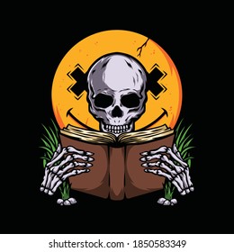 Skull leyendo un libro frente a un emoticono sonriente