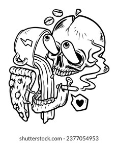 skull really likes to drink coffee line illustration