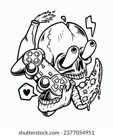 skull really likes to play games line illustration