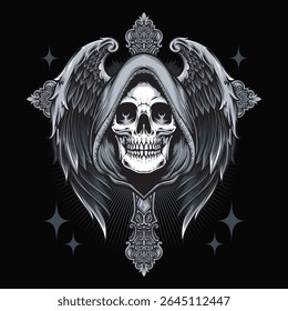 skull reaper with angel wings and gothic cross