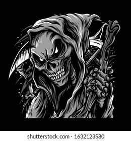 Skull Reaper Black and White Illustration