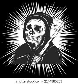 Skull Reaper Linocut illustration and wood cutter 