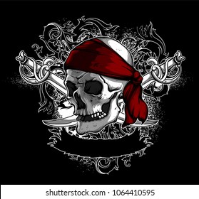 A skull in a red armband with sabers against the backdrop of decorative elements. Highly detailed realistic illustration. Can be used as an image on T-shirts.