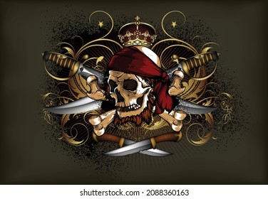 A skull in a red armband with sabers against the backdrop of decorative elements. Highly detailed realistic illustration. Can be used as an image on T-shirts.