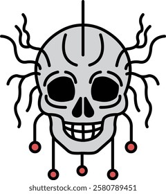A skull with red beads hanging from it. The skull is smiling and has a creepy vibe. The beads are red and black, and they are hanging from the skull's head