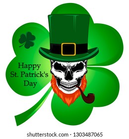 Skull with a red beard, a hat, a pipe. Congratulations on St. Patrick's Day.