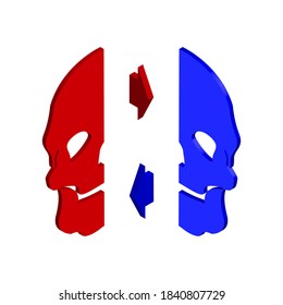 Skull red and blue on a white background, two arrows, isometric image, sign for design, vector image