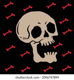 skull with red bones, hand drawn free vector illustration