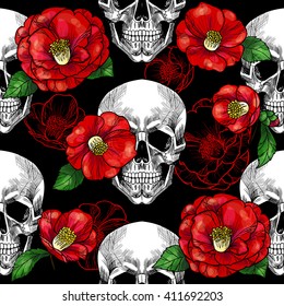 Skull and  red camellia on black background  .Vector seamless pattern