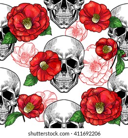 Skull and  red camellia  .Vector seamless pattern