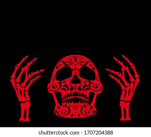 Skull red color with hands up black background