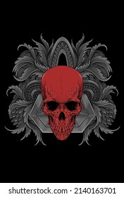 Skull red color with ornament artwork illustration