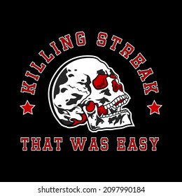Skull with Red Eyes with Killing Streak Tagline and That was easy Tagline for Apparel Design especially for bike club jacket, T shirt, hoodie, sweater or anything